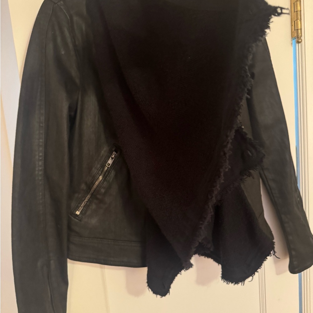 Free People Women's Black Jean Jacket with crochet material in center. - Picture 5 of 11